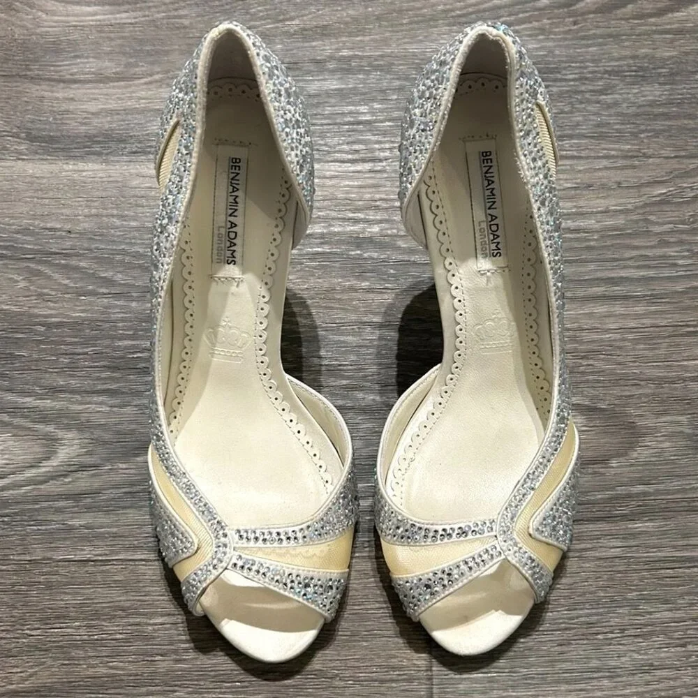 Benjamin Adams Heels 7 37.5 Prom Catherine Sparkle Duchesse Silk Wedding Peeptoe